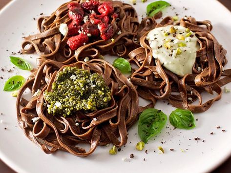 Chocolate Pasta Three Ways Einkorn Cookies, Different Sauces, Chocolate Pasta, Dessert Pasta, Pistachio Pesto, Italian Holiday, Pasta Fatta In Casa, Cooking Chocolate, Pasta Maker