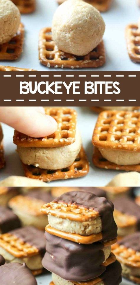 Buckeye Bites, Pretzels Dipped In Chocolate, Pretzels Dipped, Peanut Butter Pretzel Bites, Buckeye Cookies, Buckeyes Recipe, Finger Food Desserts, Finger Desserts, Butter Tea