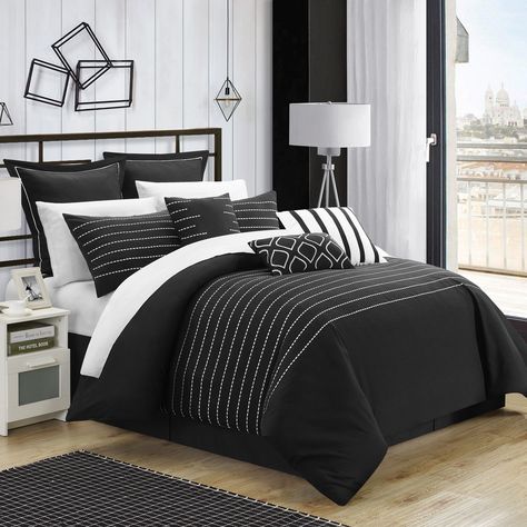 Carlson 13 Piece Bed in a Bag by Chic Home Black Black And White Comforter, Elegant Comforter Sets, Black Bed Set, Black Bedroom Design, Chic Home Design, Embroidered Bedding, King Duvet Cover Sets, White Comforter, Black Bedroom