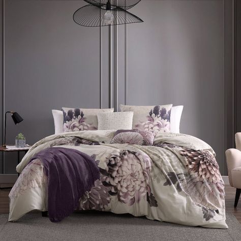 Shades Of Plum And Amethyst Come To Life On The Bloom 5 Piece Comforter Sets Bold, Enlarged Floral Print, While On The Reverse Side, A More Subdued Neutral Version Of The Print Tones Down The Effect. The Versatility Of This Soft 200 Thread Count 100% Cotton Sateen Reversible Comforter Makes It At Home In Any Style Of Room. The 5 Piece Set Includes A Reversible Comforter, 2 Reversible Shams With Embroidered And Printed Decorative Pillows. Set Includes: 1 Comforter | 2 Shams | 2 Decorative Pillows Watercolor Bedding, Luxury Comforter Sets, Mink Colour, Egyptian Cotton Sheets, Modern Color Palette, Reversible Comforter, King Comforter Sets, Rustic Bedding, Floral Bedding