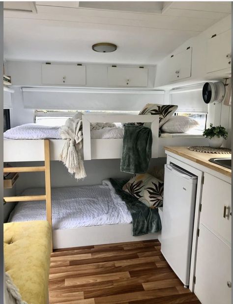 Camper Bunk Bed Ideas, Caravan Bunk Beds, Caravan Bunks, Camper Bunk Beds, Caravan Renovation Diy, Caravan Living, Mini Caravan, New Fridge, Luxury Campers