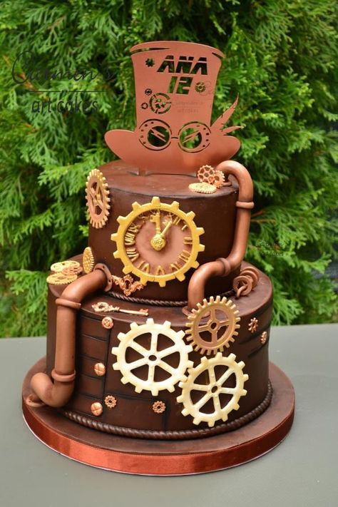 Steampunk cake by Carmen Iordache Steampunk Party Decorations Diy, Steampunk Cake Ideas, Steampunk Birthday Party, Steampunk Cakes, Punk Cake, Clock Cake, Mechanic Cake, Steampunk Cake, Steampunk Birthday