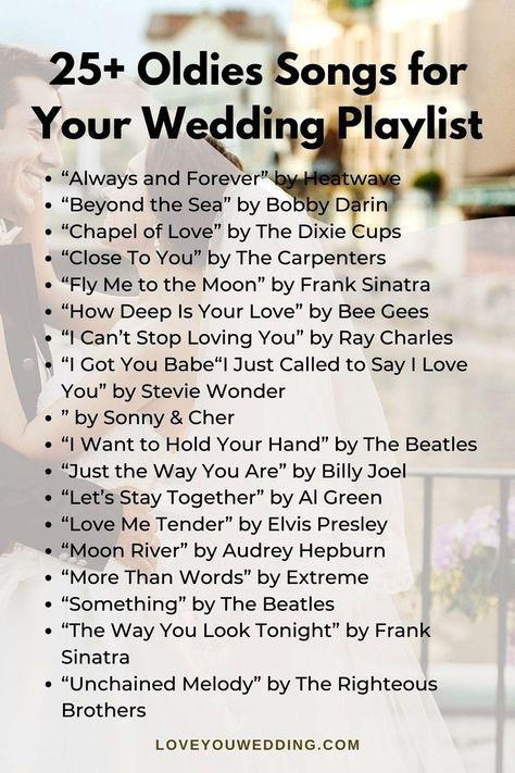 25 Amazing Oldies Songs for Your Wedding Music Playlist. Don't overlook the classics and oldies when crafting your wedding music playlist for the reception! Check out our list of the '25 best ever vintage and oldies wedding songs' for your dance floor playlist. Click through to see the entire collection. Wedding Song Playlist, Oldies Songs, Wedding Music Playlist, Wedding Playlist Reception, Wedding Music Band, Stolen Glances, Best Wedding Songs, Wedding Ceremony Songs, Wedding Reception Music