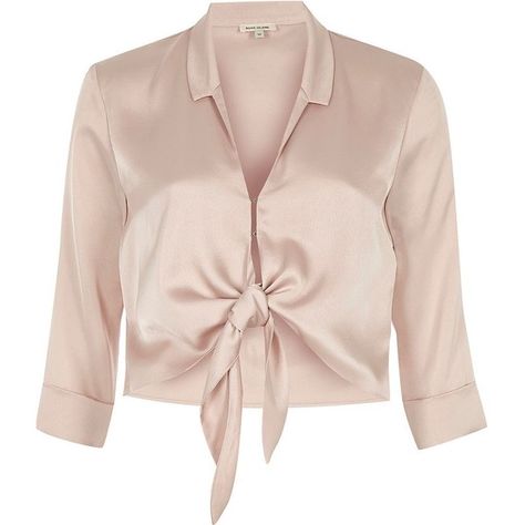 River Island Nude satin tie front shirt ($37) ❤ liked on Polyvore featuring tops, shirts, pink, satin shirt, 3/4 sleeve crop top, three quarter sleeve shirts, pink top and tie crop top Pink Satin Blouse, Three Quarter Sleeve Shirt, Latest Clothing Trends, Tie Front Shirt, Classic White Shirt, Satin Crop Top, Pink Long Sleeve Shirt, Office Fashion Women, Front Tie Shirt