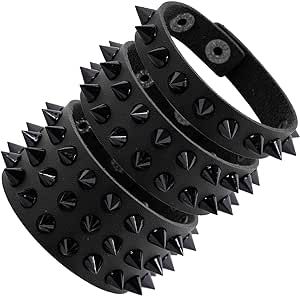 Manfnee Punk Gothic Bracelet for Men Women Leather Spike Rivet Metal Studded Wristbang Cuff Black Spiky Bracelet, Gothic Black Bracelets With Spikes, Gothic Metal Bracelets With Spikes, Black Spiked Edgy Bracelets, Edgy Metal Spike Bracelets, Black Leather Spiked Bracelets, Spike Bracelet, Gothic Bracelet, Halloween Monster