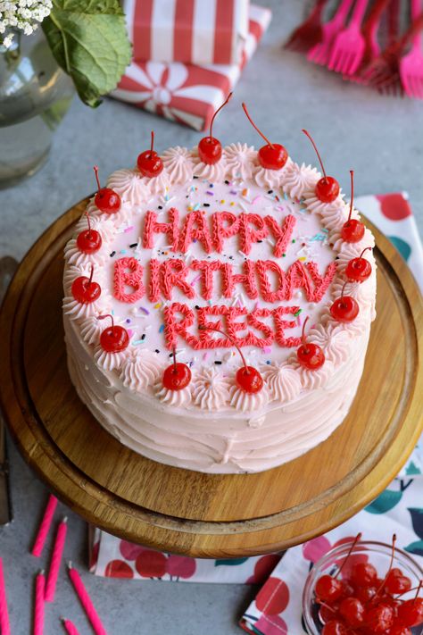 Happy birthday to our amazing founder and creative director, Reese Witherspoon  Grab the recipe for her cherry birthday cake, made by the talented @bethcakesblog, on the #LoveReese blog Cherry Birthday Cake, Cherry Birthday, Pina Colada Cake, Crunch Cake, Ginger Cake, Birthday Desserts, Happy Birthday To Us, Draper James, Brownie Bar