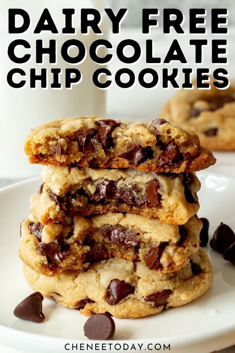 These dairy free chocolate chip cookies are a deliciously easy recipe! Chewy with crispy edges! Make them with vegan butter or butter-flavored Crisco! Yummy dairy free cookies with an option for vegan chocolate chip cookies #dairyfreecookies #dairyfreechocolatechipcookies #veganchocolatechipcookies #chocolatechipcookies #chocolatechip Cookies Shortening, Dairy Free Deserts, Dairy Free Cookie Recipe, Dairy Free Chocolate Chip Cookies, Dairy Free Cooking, Dairy Free Baking, Dairy Free Recipes Dinner, Dairy Free Snacks, Dairy Free Cookies