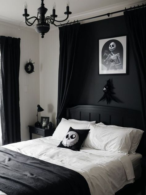 Create a spooky and stylish Nightmare Before Christmas-themed bedroom with a wall art showcasing Jack Skellington and Sally. Add eerie touches with black and white striped curtains, a coffin-shaped shelf, and glow-in-the-dark stars for a truly haunting atmosphere. Nightmare Before Christmas Bedroom, Black And White Striped Curtains, Jack Skellington And Sally, Dark Home Decor, Striped Curtains, Dark Home, Christmas Bedroom, Christmas Room, Boys Bedrooms