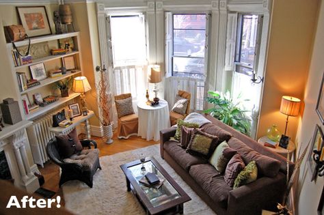 Just bought a dark brown sofa and trying to figure out how to make it work with my orange and white printed curtains...this may be the answer... Living Room With Bay Window Layout, Living Room Couch Placement, Couch Placement, Layout Apartment, Sectional Living Room Layout, Bay Window Living Room, Furniture Placement Living Room, Living Room Layout, Living Room Furniture Layout