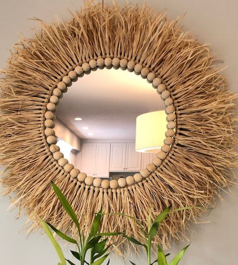 Handmade Round Shape Raffia Mirror With Unfinished Wood Bead, Gift, Boho Decor , Wall Art, Wall Hanging ,home Decor - Etsy Turkey Boho Mirror Decor, Raffia Mirror, Boho Mirrors, Wall Hanging Decorations, Mirror Wall Hanging, Boho Mirror, Floral Mirror, Bamboo Mirror, Hanging Wall Mirror