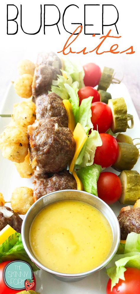 These Burger Bites are not only cute, but delicious too! #Ad #FrenchsDippingSauces They are the perfect snacky appetizer. Made with burger meatballs, lettuce, cheese, pickles, tomato, a tater tot, and of course paired with some amazing dips! French’s @frenchsfoods TheSkinnyFork.com | Skinny & Healthy Recipes Burger Meatballs, Summer Refreshers, Amazing Dips, Healthy Tailgate, Nye 2023, Cheese Pickles, Burger Bites, Barbecue Food, Honey Mustard Dipping Sauce