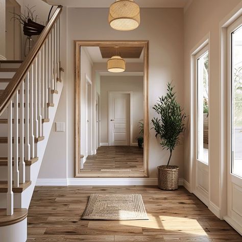 Title:  Stylish Entryway with Large Mirror and Woven Rug Cottage Entrance, Cottage Hallway, Cottage Entryway, Stylish Entryway, Entryway Decor Ideas, Large Hallway, Beautiful Entryways, Mid Century Minimalist, Cottage Aesthetic