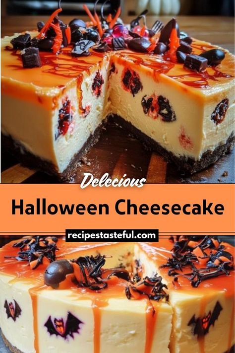 This Halloween Cheesecake features a festive, multicolored design with layers of orange, black, and purple, making it a perfect treat for Halloween. The rich and creamy cheesecake filling sits atop an Oreo crust and is topped with whipped cream and Halloween-themed sprinkles. Halloween Cheesecake, Purple Food Coloring, Black Food Coloring, Orange Food Coloring, Halloween Sprinkles, Festive Desserts, Oreo Crust, Cheesecake Filling, Cookie Crumbs