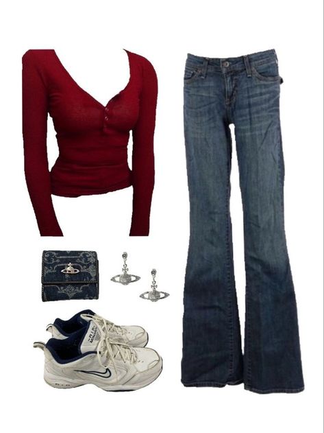 Low Jeans Outfit, Red Top Outfit, Low Rise Jeans Outfit, Vivienne Westwood Accessories, 2000 Outfits, Outfits 2000s, 2024 Outfits, Downtown Outfits, 2000s Outfits