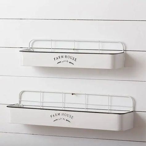 Farmhouse Wall Shelf, Crafting Corner, Farmhouse Fresh, Farmhouse Shelves, Tray Styling, Vintage Laundry, Bathroom Storage Shelves, White Shelves, Wall Mounted Bathroom Sink