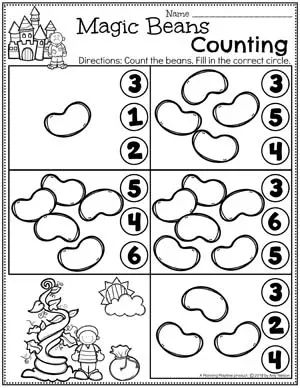 Magic Beans Counting - Fairy Tale Preschool Worksheets Fairytales Theme Preschool Lesson Plans, Nursery Rhymes Worksheets Preschool, Fairytale Preschool Activities Free Printables, Fairy Tale Math Preschool, Rumplestiltskin Preschool Activities, Fairy Tale Worksheets Preschool, Fairytale Worksheets Preschool, Preschool Fairy Tale Crafts, Fairy Tale Activities For Kids