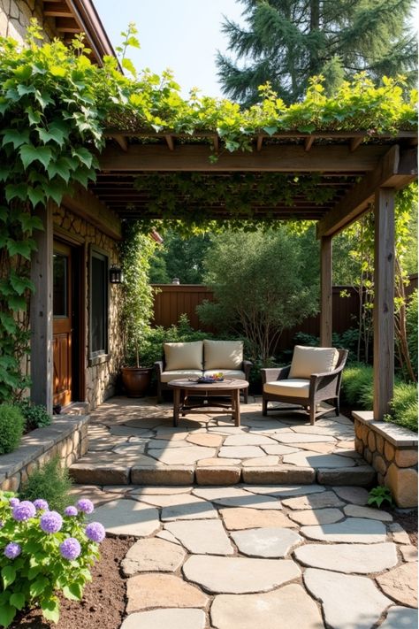 Rustic backyard patio with stone pavers, pergola, and outdoor furniture Brick Patio With Pergola, Stone Patio With Pergola, Red Flagstone Patio, Covered Patio Seating Ideas, Natural Patio Ideas, Stone Patio Ideas On A Budget, Flag Stone Patio Ideas, Paver Patio With Pergola, Outdoor Paver Patio Ideas