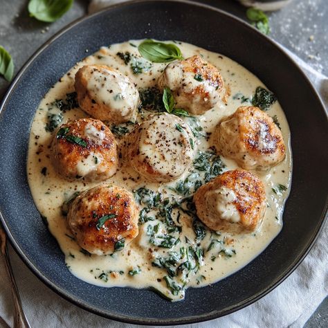 🍽️ Baked Ricotta Chicken Meatballs with Spinach Alfredo Sauce 🍽️ Discover this delicious recipe for soft chicken meatballs, enriched with ricotta and served with a creamy spinach Alfredo sauce. Perfect for a dinner with family or friends! Ingredients : 500g chopped chicken 250g ricotta 1 egg 1 cup breadcrumbs 1 clove of garlic, minced Salt and pepper to taste 200g fresh spinach 200ml fresh cream 50g grated parmesan Instructions : Preheat your oven to 200°C. In a bowl, mix the ground chick... Chicken Ricotta Meatballs, Spinach Alfredo Sauce, Ricotta Chicken, Meatballs With Spinach, Chicken Ricotta, Ricotta Stuffed Chicken, Ricotta Meatballs, Spinach Alfredo, Baked Ricotta