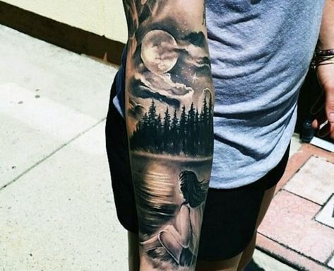 Mens Forest Moon Sky Forearm Sleeve Tattoo Design Ideas Sky Tattoos, Tattoos For Women Half Sleeve, Cool Forearm Tattoos, Forest Tattoos, Cat Tattoos, Tiny Tattoo, Sleeve Tattoos For Women, Snake Tattoo, Forearm Tattoo Men