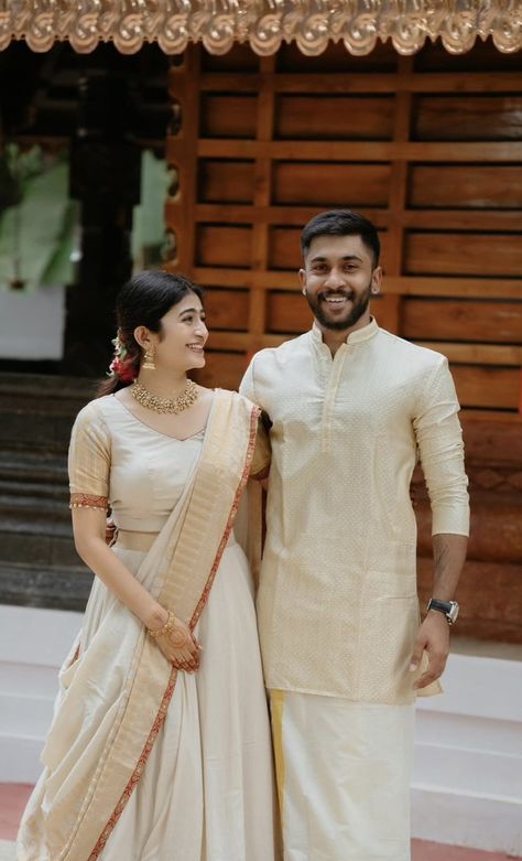 Kerala Wedding Dress For Men, Lungi Outfits For Men, Kalamkari Couple Outfits, Kurta And Mundu Kerala Men, Couple Kurta Design, Onam Couple Photos, Tamil Groom Outfit, Tamil Wedding Dress, Christian Groom Outfit