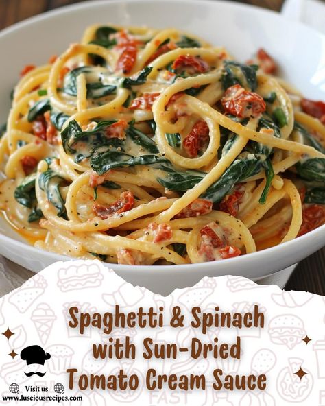 Spaghetti & Spinach with Sun-Dried Tomato Cream Sauce - LusciousRecipes Spaghetti Spinach Sun Dried Tomatoes Cream Sauce, Spaghetti With Spinach And Sun Dried Tomato, Spaghetti And Spinach Sun Dried Tomato, Sun Dried Tomato Pasta Crockpot, Spaghetti Sun Dried Tomatoes, Light Tomato Cream Sauce, Spaghetti & Spinach With Sun-dried Tomato, Spaghetti Recipes With Spinach, Spaghetti And Spinach With Sun Dried Tomatoe Cream Sauce