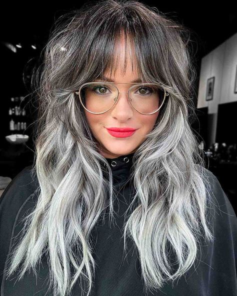 These 24 Black Ombre Hair Colors are Tending in 2021 Silver Ash Balayage On Dark Hair, Highlights With Peekaboo, Silver Hair Highlights On Black Hair, Black And Grey Hair, Black Hair Ombre, Grey Ombre Hair, Gray Balayage, Face Framing Curtain Bangs, Grey Hair Inspiration