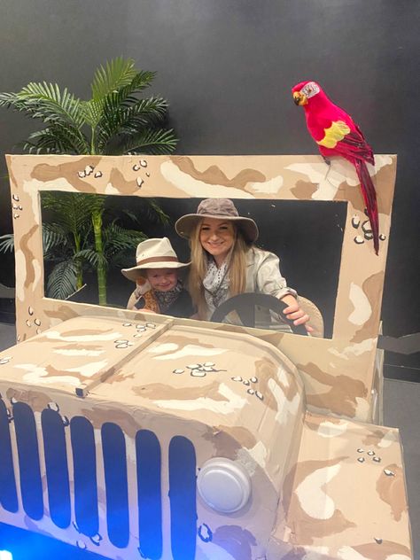 Safari Parade Float Ideas, Cardboard Jeep Diy, Jungle Float Parade, Safari Trunk Or Treat Ideas, Australia Safari, Baby Boy Shower Gifts Basket, Safari Vbs, Safari Birthday Party Decorations, Safari Costume