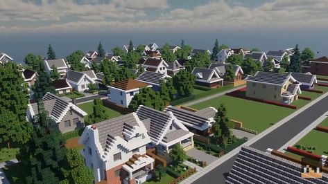 Minecraft Town Layout Modern, Minecraft Suburban House Blueprints, Minecraft American Town, Minecraft Town Ideas Layout Modern, Minecraft Houses Suburban, Minecraft Small City, Minecraft Neighborhood Ideas, Minecraft Suburbs, Minecraft City Street