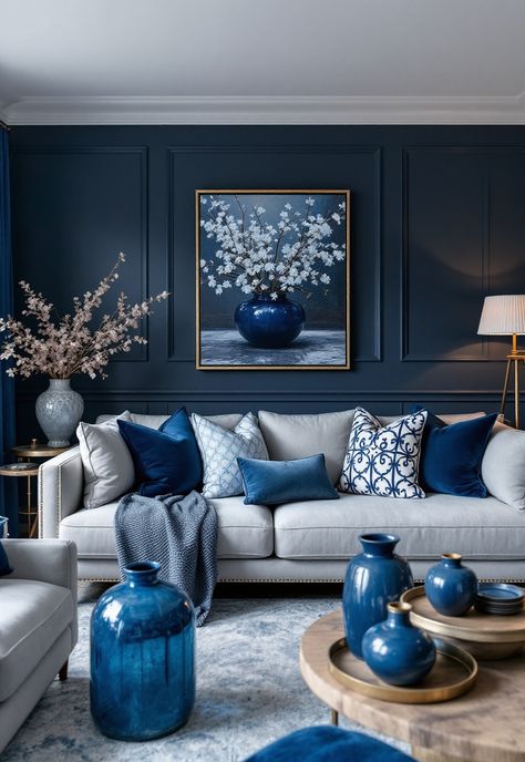 Grey Couch Living Room Gray Couch With Blue Accent Chairs, Grey Sofa Navy Cushions, Grey Sofa Blue Walls, Grey Couch With Blue Accents, Blue Grey Living Room Color Scheme, Dusty Blue Sofa Living Rooms, Blue Sofa Lounge, Grey And Light Blue Living Room, Cushions For Grey Sofa Color Schemes