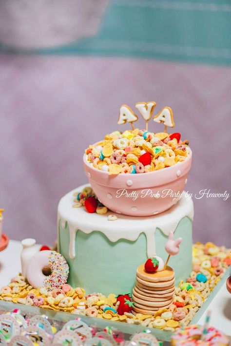 Whimsical Breakfast Themed Birthday Party | CatchMyParty.com Breakfast Themed Birthday Cake, Brunch Cakes Birthday, Breakfast Party Decor, Breakfast Themed Cake, Pajama Party Birthday Cake, Pancakes And Pajamas Birthday Cake, Breakfast Anyone Birthday, Breakfast Birthday Cake, Pajama Party Cake