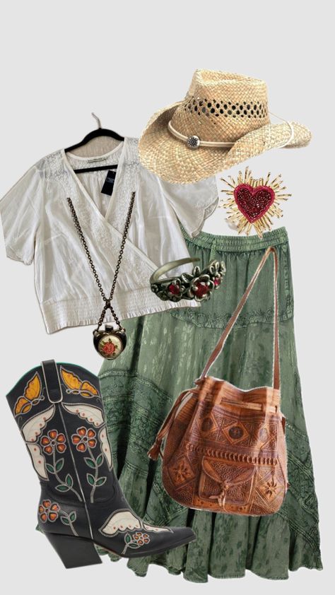 #springoutfit #country #outfit Hippie Western Outfits, Boho Country Outfits, Hippie Cowgirl Style, Midsize Outfit, Wardrobe Revamp, Country Outfit, Midsize Outfits, Basic Wardrobe, Western Outfit