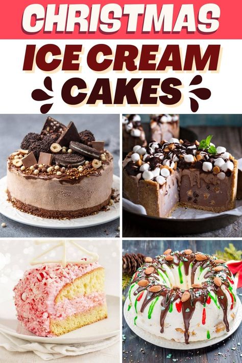 Christmas Ice Cream Cakes Ice Cream Christmas Desserts, Ice Cream Cake Christmas, Cherry Ice Cream Cake, Christmas Ice Cream Desserts, Snickers Ice Cream Cake, Ice Cream Cake Roll, Christmas Pudding Ice Cream, Freezer Treats, Hot Chocolate Ice Cream