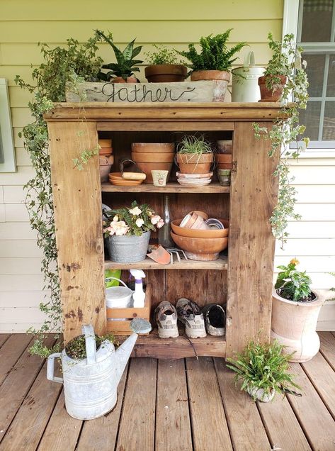 Plant Display Outdoor Patio, Cozy Porches, Potting Area, Benches Diy, Potting Plants, Beginners Garden, Garden Shed Interiors, Front Porch Plants, Front Porch Flowers