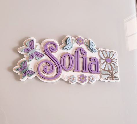 Name Sign With Flowers, Rainbow Name Wall Decor, Mdf Names Decor, Butterfly Nursery Name Sign, Purple Nursery Name Sign, Butterflies And Daisies, Flower Retro, Door Plaque, Beautiful Crafts