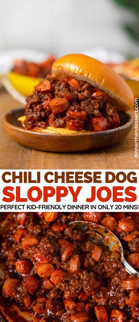 Chili Cheese Dog Sloppy Joes are fun, family friendly twist on chili dogs. A perfect easy weeknight dinner! #sloppyjoes #chilidogs #chili #hotdogs #sloppyjoe #sandwich #dinner #easydinner #dinnerthendessert Sloppy Joe Chili, Chili Hotdogs, Epic Kitchen, Bbq Truck, Sandwich Dinner, Chili Cheese Dog Casserole, Burger Ideas, Meat Sandwiches, Loose Meat