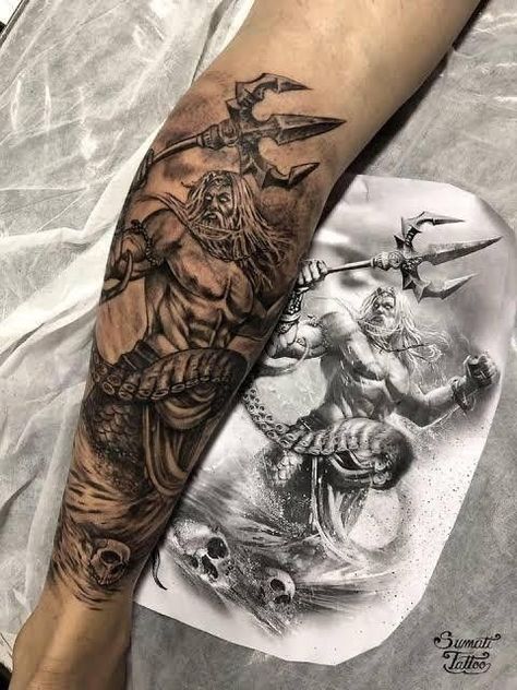 Posiden Tattoo Forearm, Poseidon Tattoos, Trident Tattoo, Greek God Tattoo, Half Sleeve Tattoos Forearm, Poseidon Tattoo, Zeus Tattoo, Realistic Tattoo Sleeve, Greek Mythology Tattoos