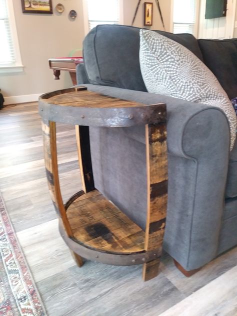 Whiskey Barrel Furniture Ideas, Bourbon Barrel End Table, Wine Barrel Side Table, Diy Whiskey Barrel Projects, Whiskey Barrel End Table, Whiskey Barrels Ideas, Whisky Barrel Ideas, Whiskey Barrel Table Diy, Bourbon Barrel Projects