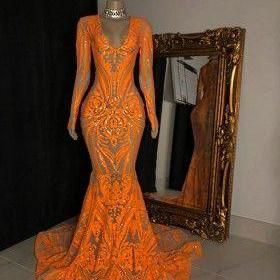 Long Sleeve Mermaid Prom Dress, Orange Prom Dresses, Long Sleeve Evening Gowns, Sleeves Women, Prom Girl Dresses, Mermaid Evening Gown, Senior Prom Dresses, Long Sleeve Evening Dresses, Cute Prom Dresses