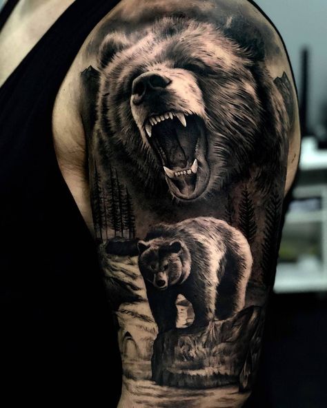 Bear Tattoo #tattoo #ink #art #design #idea #bear #sleeve Bear Tattoo Meaning, Black Bear Tattoo, Grizzly Bear Tattoos, Natur Tattoo Arm, Bear Tattoo Designs, Animal Sleeve Tattoo, Nature Tattoo Sleeve, Bear Tattoos, Men Tattoos