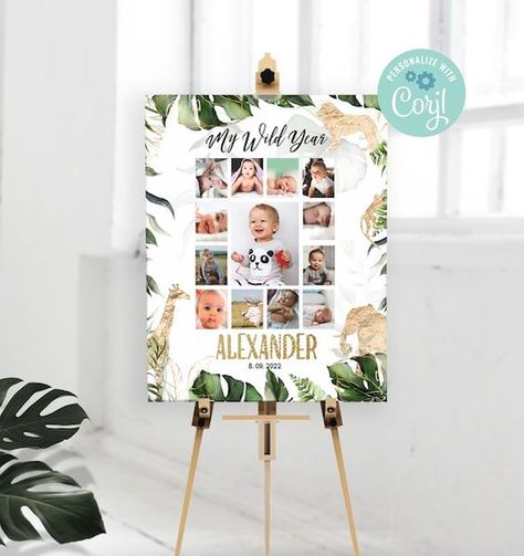 Editable 12 Month Photo Poster My First Year Sign Boy Baby - Etsy UK 1st Birthday Photo Collage, Safari Theme Birthday Party, Jungle Theme Birthday Party, 12 Month Photos, Jungle Thema, First Birthday Posters, Wild Birthday Party, Wild One Birthday Invitations, 1st Birthday Photo