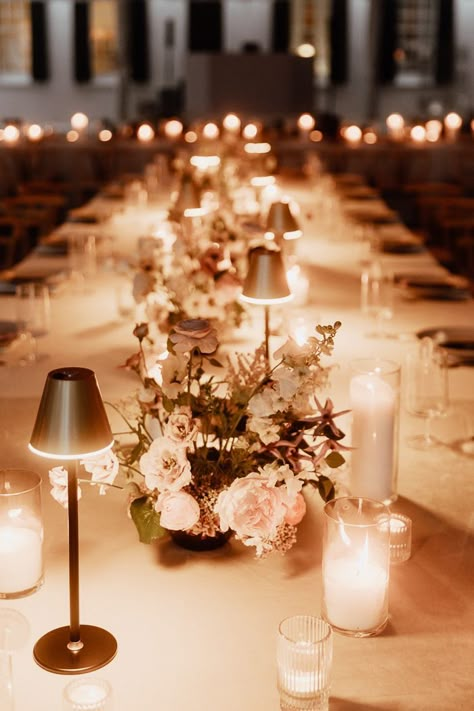 All-white tablescape, low floral clusters, and candles for wedding reception | Franzi Annika Photography All Candle Wedding Reception, Lamps Wedding Centerpieces, Lamp Wedding Centerpiece, Candles Wedding Centerpieces, Wedding Lamps, Candle Light Wedding, Candle Cluster, Candles For Wedding, White Tablescape