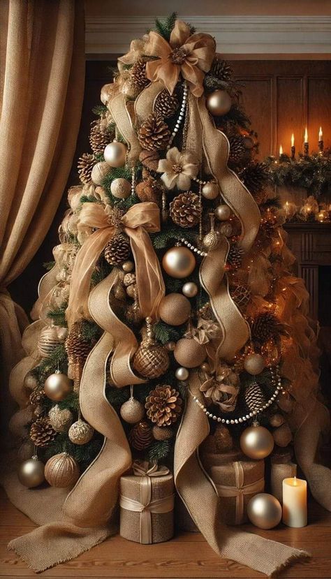 Champagne Ribbon Christmas Tree, Christmas Tree Ideas With Burlap, Chocolate And Gold Christmas Tree, Bows On Christmas Tree Ideas, Copper And Brown Christmas Tree, Ribbon And Beads On Christmas Tree, Rustic Christmas Tree Ideas 2023 Trends, Christmas Tree Brown And Gold, White Brown Christmas Tree