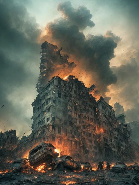 The image shows a ruined city. A tall building is on fire, and the flames are spreading to the nearby buildings. The streets are filled with rubble and debris, and several cars have been destroyed. There are no people visible in the image, but it is clear that the city has been abandoned. The scene is one of devastation and destruction. Crumbling Buildings Drawing, World Burning Aesthetic, Building On Fire Aesthetic, Burning Building Aesthetic, Abandoned City Aesthetic, Dystopian Buildings, Falling Building, Bombed City, Destruction Aesthetic