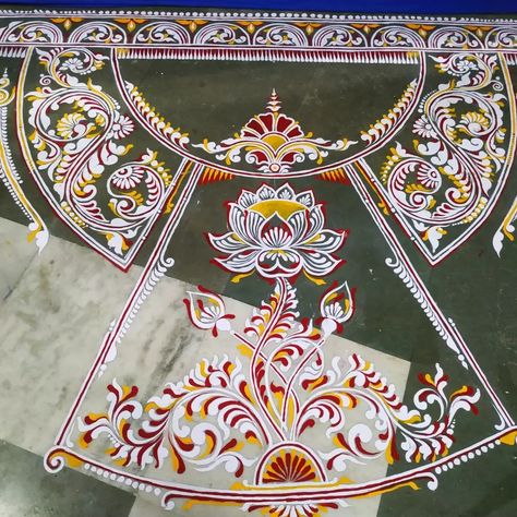 Alpona On White Floor, Laxmi Puja Alpona, Kulo Painting, Aipan Design, Kolka Art, Kolka Design, Alpona Design, Bengali Art, Buddha Art Drawing