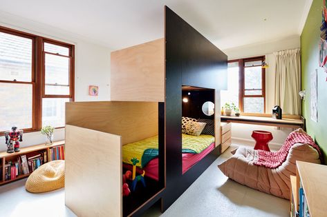 MAKE have collaborated with Tanguy Le Moing to create a bunk bed that splits the bedroom in two, creating a separate space for each child. #BunkBed #ModernBedroom #KidsBedroom Bed Divider, Brothers Room, Custom Bunk Beds, Kids Shared Bedroom, Cool Bunk Beds, Bunk Bed Designs, Space Bedding, Shared Bedroom, Living Room Corner