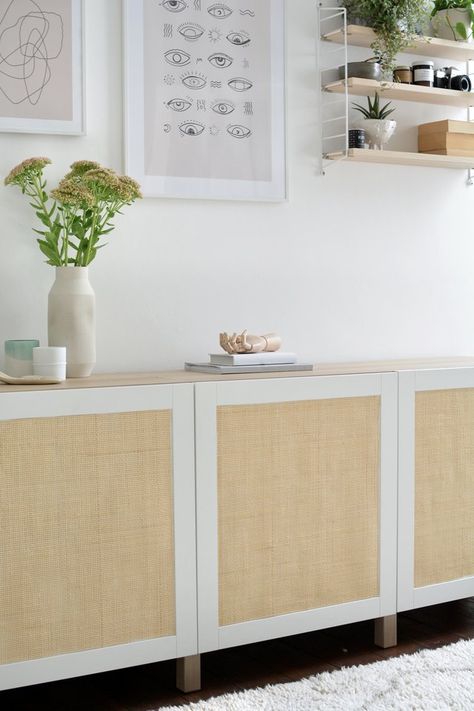 For this IKEA hack, discover how to give a classic Besta storage combination a modern boho makeover using cane webbing. Ikea Hack Cane Webbing, Ikea Besta Rattan, Credenza Ideas, Ikea Storage Furniture, Ikea Bestå Hack, Ikea Sideboard, Amazing Ikea Hacks, Cane Sideboard, Storage Hack