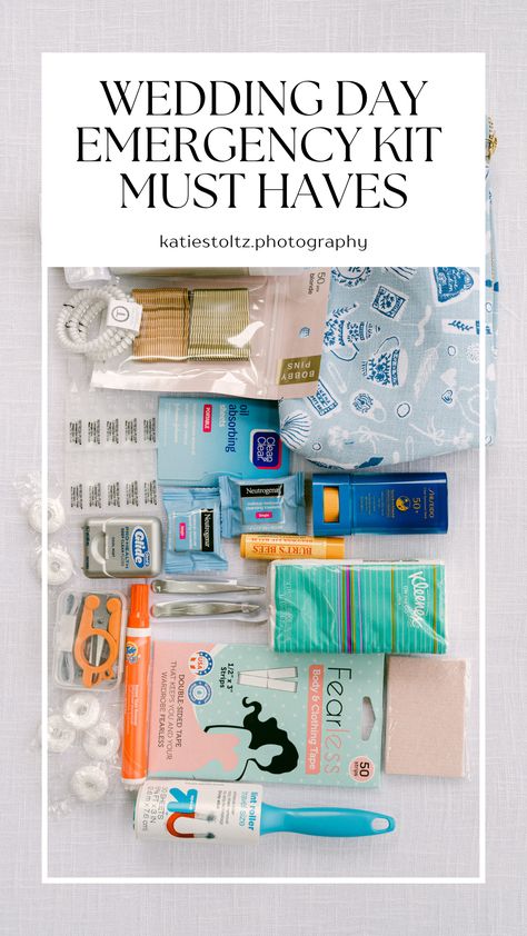 Flat lay image of wedding day emergency kit must have items Wedding Emergency Kit For Bride, Wedding Day Emergency Kit For Bride, Day Of Wedding Emergency Kit, Emergency Kit For Wedding Day, Groom Emergency Kit, Wedding Emergency Kit List, Day Wedding Makeup, Checklist Wedding Day, Wedding Emergency Kit Checklist