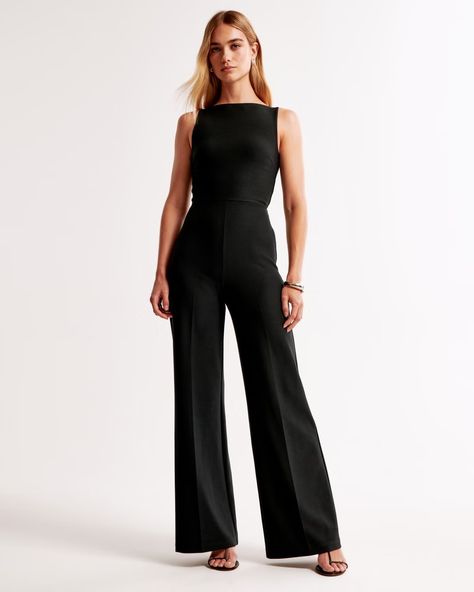 Women's Slash Clasp-Back Jumpsuit | Women's Dresses & Jumpsuits | Abercrombie.com Work Jumpsuit, Crepe Jumpsuit, One Shoulder Jumpsuit, Asymmetrical Neckline, Crepe Fabric, Work Attire, New Arrival Dress, Black Jumpsuit, Swimwear Accessories