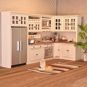 Kitchen Cabinets Fridge, Miniature Kitchen Cabinets, Dollhouse Kitchen Cabinets, Dollhouse Furniture Sets, Modern Dollhouse Furniture, Pots Set, Stylish Dining Room, Diy Doll Miniatures, Modern Dollhouse