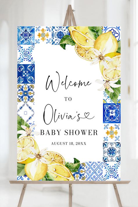 Blue Tiles Lemon Baby Shower Welcome Sign Template, Editable Italian Lemon Amalfi Coast Mediterranean Positano Baby Shower Welcome Poster M5 Italian Baby Showers, Italian Bridal Showers, Citrus Baby, Couple Wedding Shower, Baby Shower Yellow, Spring Bridal Shower, Summer Bridal Showers, Summer Baby Shower, Blue Tile